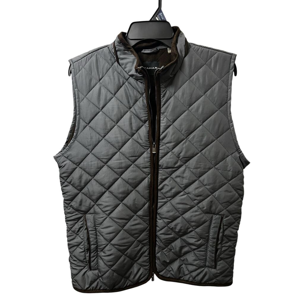 TAHARI Men’s Insulated Quilted Vest Medium Grey brown Fleece Lining accents M